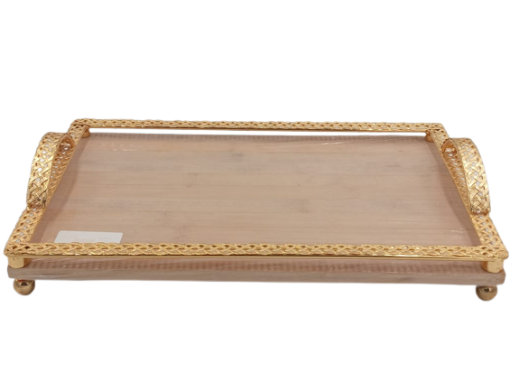 صينية تقديم ضيافة - لون ذهبي + تطعيم بالاخشاب