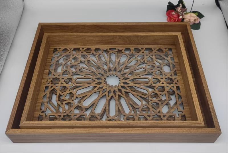 طقم صواني تقديم خشبية بنقوش إسلامية فاخرة - تصميم تراثي عصري من الهلال هوم