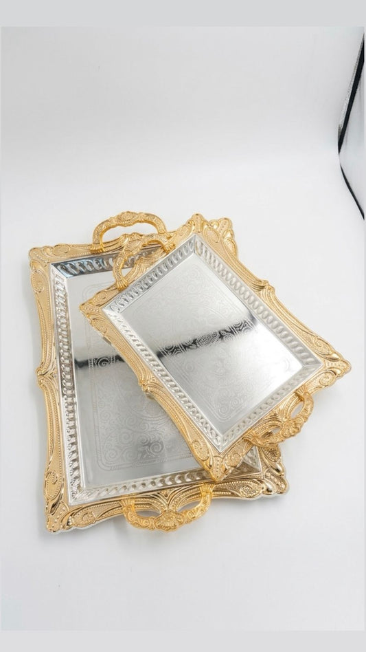 طقم صواني تقديم كلاسيكية فاخرة بإطار ذهبي – تصميم ملكي أنيق