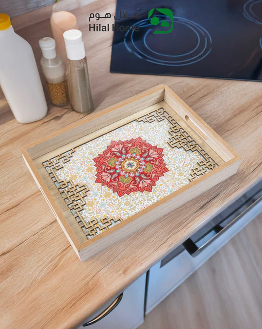 صينية تقديم خشبية بنقشة زخرفية فاخرة – تصميم شرقي ملون قطعتين بقاعدة زجاجية