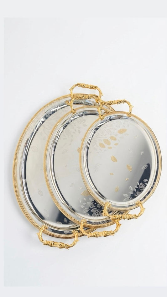 طقم صواني تقديم دائرية فاخرة بنقوش أوراق ذهبية